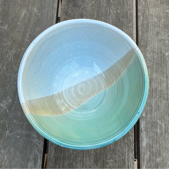 Studio Pottery Half Dipped Glazed Serving Bowl in Green Blue Tan Artist Signed - Picture 2 of 12